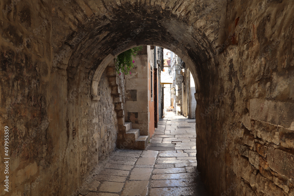 Ancient street with cobblestones in the historical center of Split, Dalmatia, Croatia