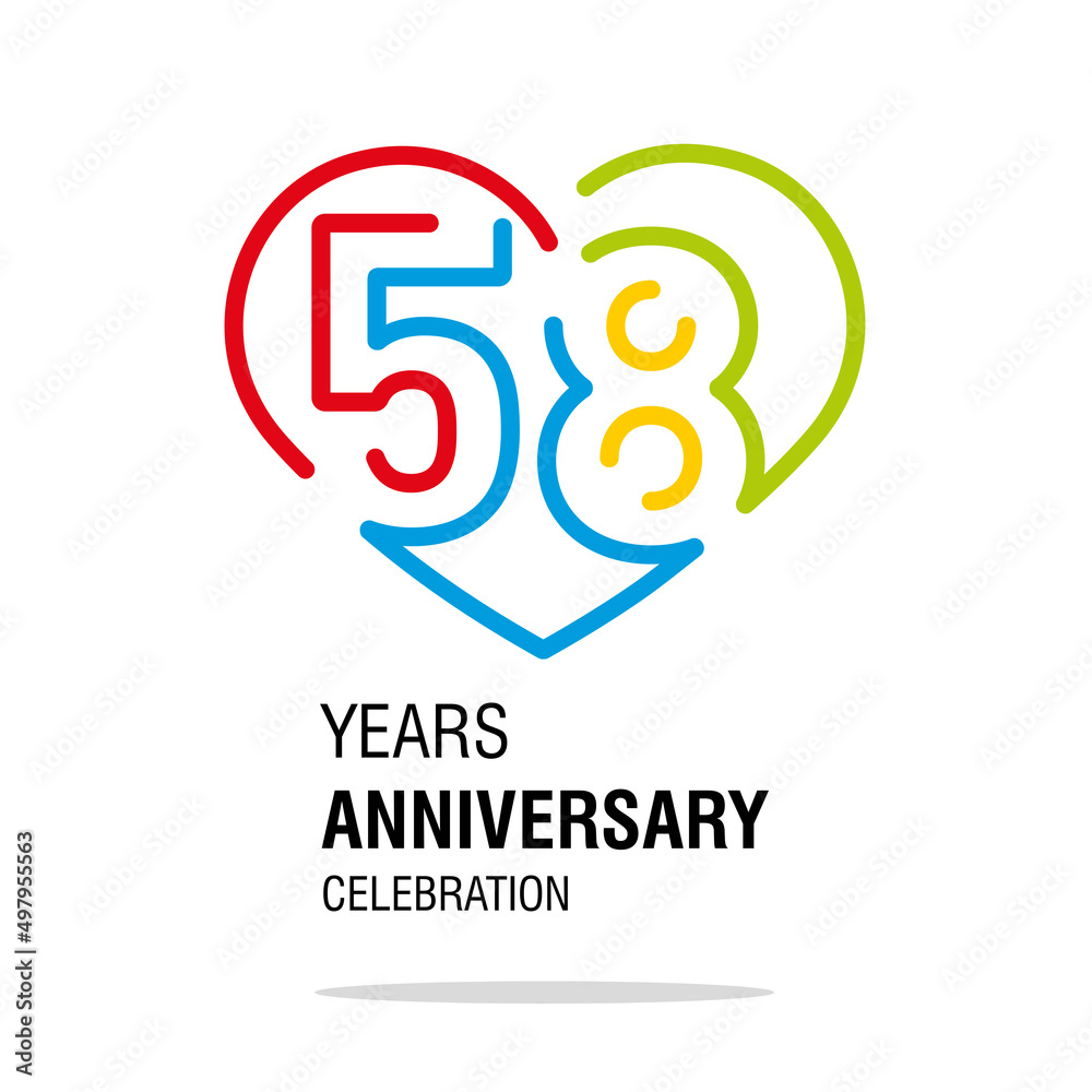 58 years anniversary celebration decoration colorful number bounded by a loving heart modern love line design logo icon white background