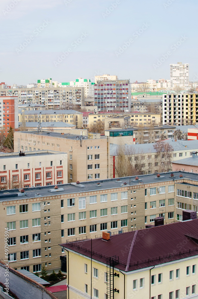 Typical Houses in a residential area of the city. View from a height. The concept of Russian architecture. Vertical photography.