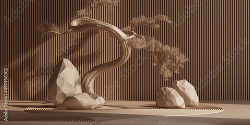 Fototapeta Naklejka Na Ścianę i Meble -  japanese style decorative product background. nature light podium and bonsai tree with brown background for product presentation. 3d rendering illustration.