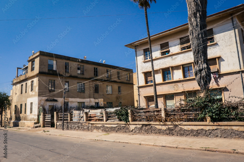 Asmara, Eritrea - November 01, 2019: Capital Streets and Buildings View in the Sunny Day