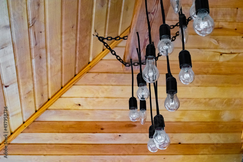 Vintage light bulb on a warm wooden ceiling