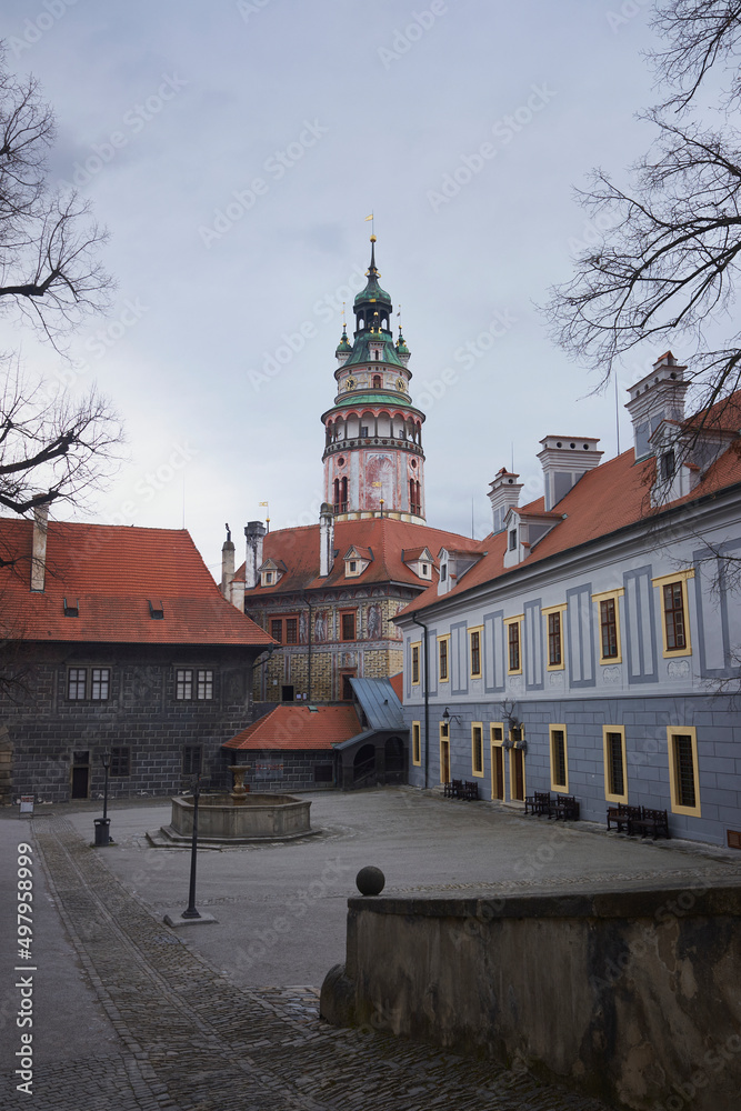 Fototapeta premium Cesky krumlov castle tower, view from castle courtyard.