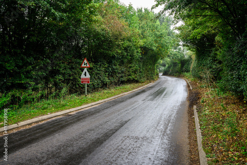 Countryside road Signs in UK on wet weather