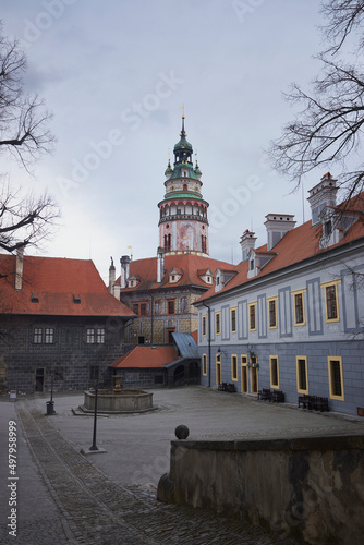 Cesky krumlov castle tower, view from castle courtyard.