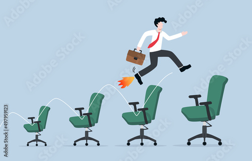 Getting fast job promotion, career growth, reach higher position in short time, quick self development concept, Businessman jump  from small chair to larger chair metaphor of growing up in work.
