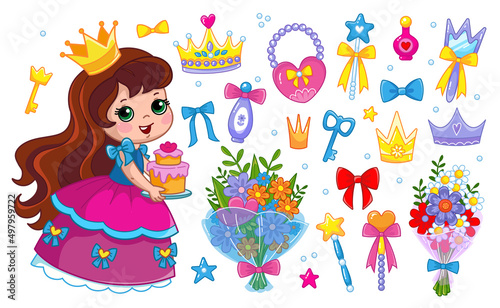 Little princess in a pink fluffy dress and a cake. Set of accessories, bags, crown, bouquet of flowers, beads, jewelry, perfume, cosmetics, mirror. Isolate vector illustration.