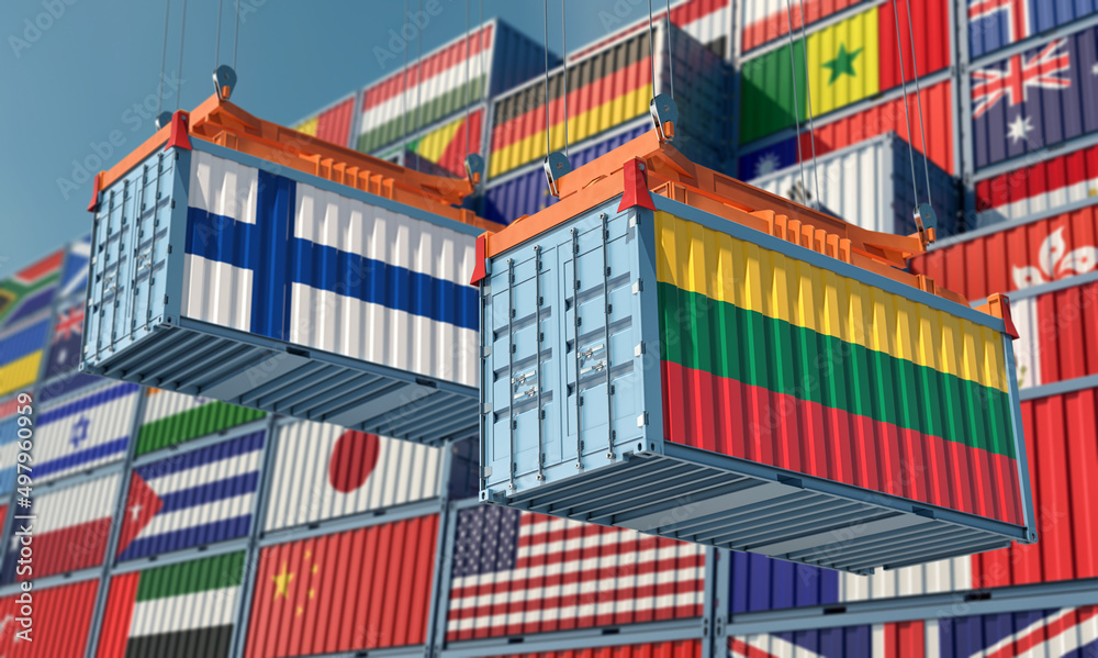 Cargo containers with Finland and Lithuania national flags. 3D Rendering