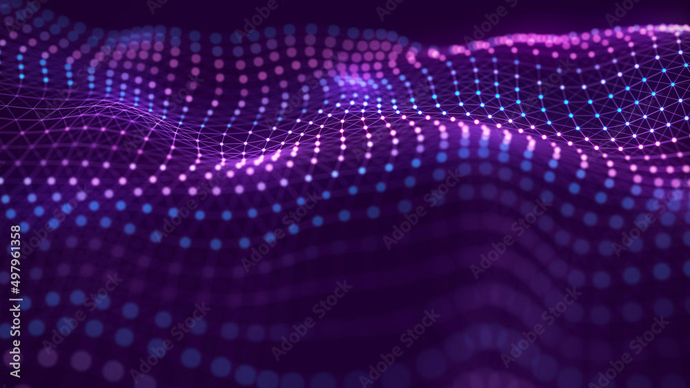 Futuristic wave. The concept of big data. Network connection. Cybernetics. Abstract dark background of blue and purple lines with dots. 3d rendering. Futuristic wave. The concept of big data. Network connection. Cybernetics. Abstract dark background of blue and purple lines with dots. 3d rendering.
