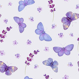 Lilac pattern with butterflies and lavender, watercolor illustration