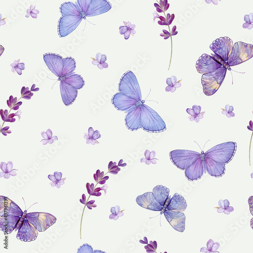 Pattern with butterflies and lavender  watercolor illustration