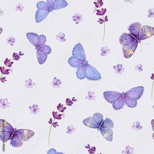 Lilac pattern with butterflies and lavender, watercolor illustration