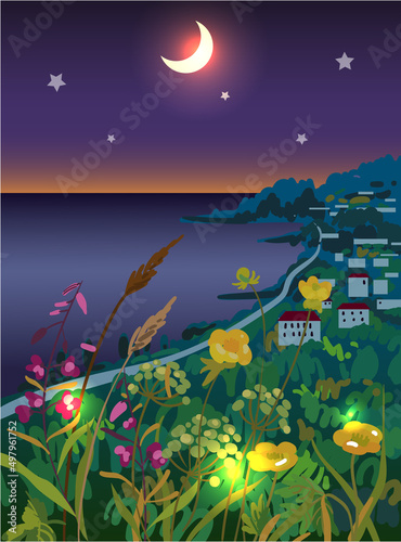 Summer sea landscape. Beautiful landscape with sea  wild flowers  houses and mountains.