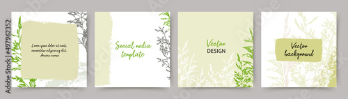 Abstract spring summer green background. Social media post template with plant, leaves and grass elements. Vector illustration