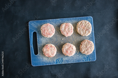 raw cutlet meat breadcrumbs pork, beef, lamb, chicken fresh cutlets healthy meal food snack diet on the table copy space food background rustic top view