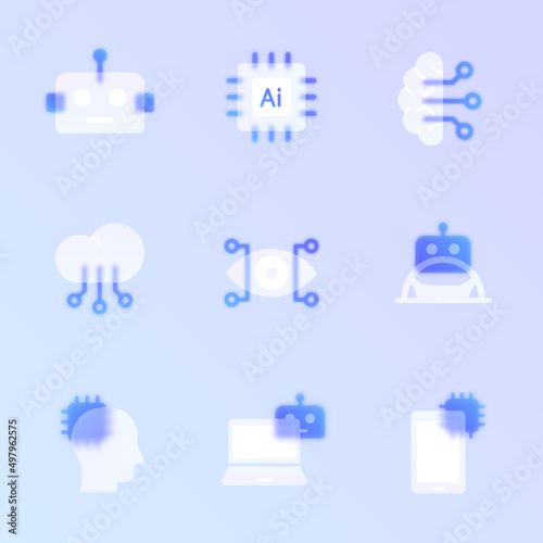 artificial intellegence glass morphism trendy style icon set. transparent glass color vector icons with blur and purple gradient. for web and ui design, mobile apps and promo business polygraphy photo