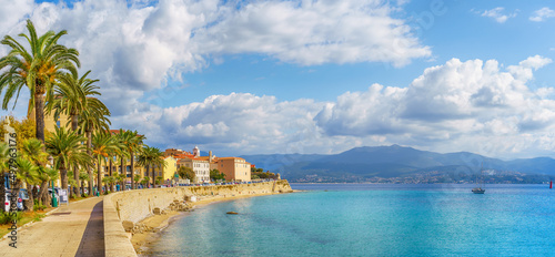 Fotografiet Landscape with  Saint Francois beach and old citadel  in Ajaccio, Corsica