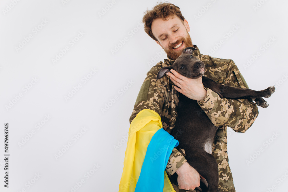 Fototapeta premium Ukrainian soldier in military uniform with a yellow and blue flag holds a dog in his arms on a white background