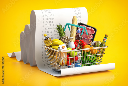 Shopping basket with foods on receipt. Grocery  expenses budget, inflation and consumerism concept. photo