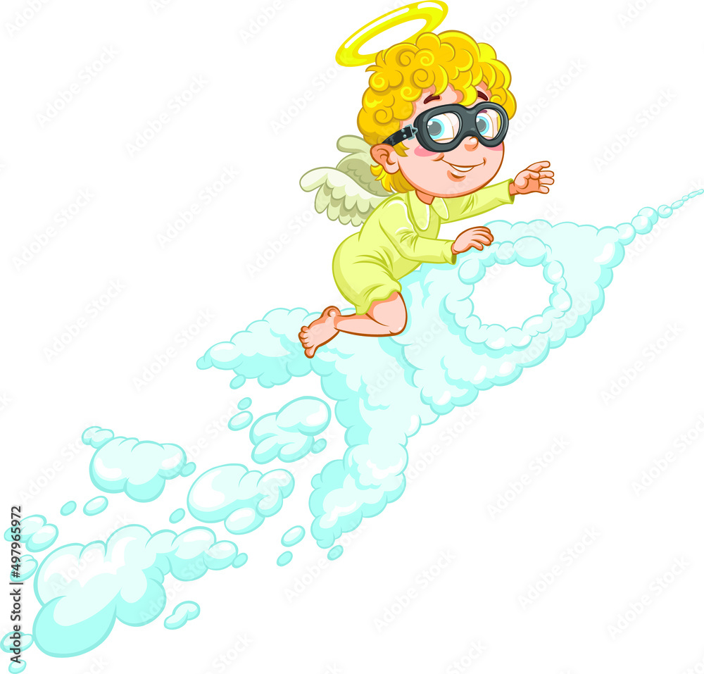 Angel Baby riding on Rocket. Vector illustration of a cartoon baby angel sitting on Cloud Rocket and flying to Heaven Angel Baby riding on Rocket. Vector illustration of a cartoon baby angel sitting on Cloud Rocket and flying to Heaven