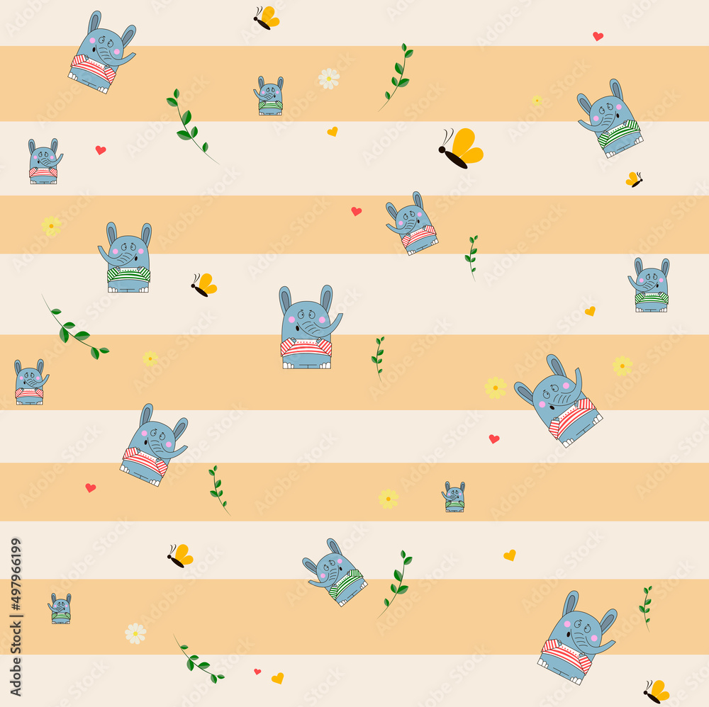Cute elephant with flower and butterfly cartoon illustration. Can be used for t-shirt print, kids wear fashion design, baby shower invitation card. Cute elephant with flower and butterfly cartoon illustration. Can be used for t-shirt print, kids wear fashion design, baby shower invitation card.