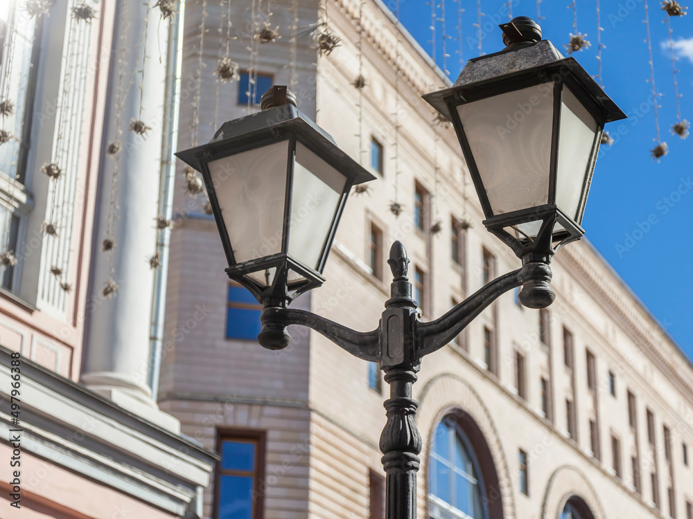 Moscow, Russia, April 6 2022.  Beautiful street lamp post