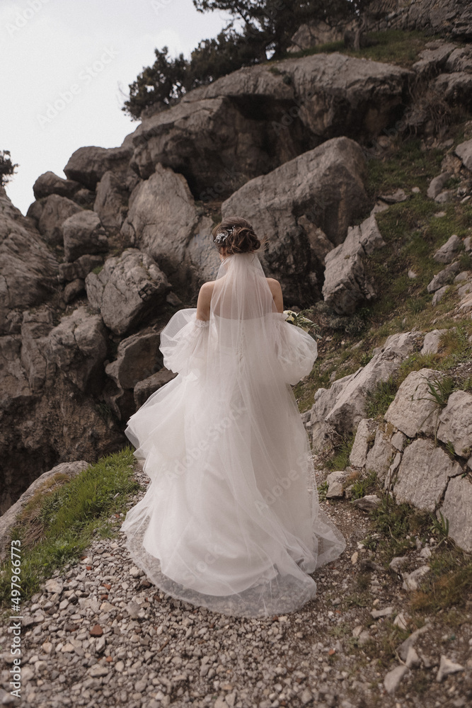 Long flowing wedding dress of the bride. Long flowing wedding dress of the bride.