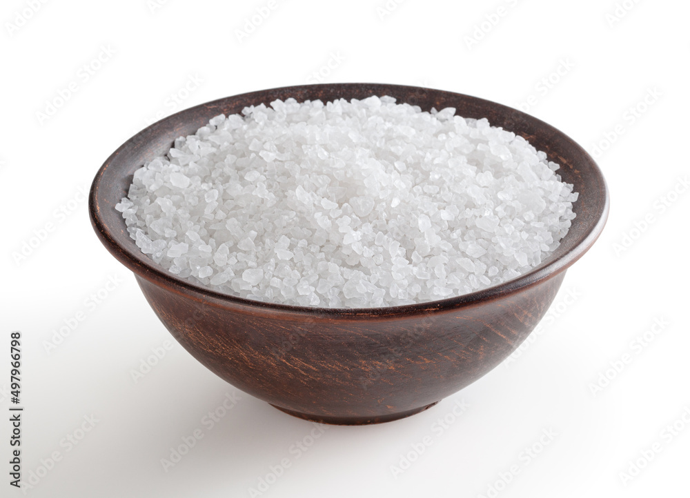 Sea salt in ceramic bowl isolated on white background with clipping path Sea salt in ceramic bowl isolated on white background with clipping path