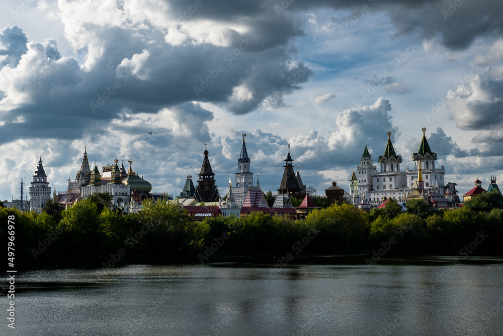 A beautiful view of the Kremlin Izmailovo through a silver-grape pond
