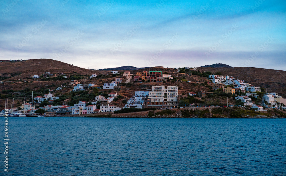 Kea Island in Greece attica view from the sea, town on hills , greek village in evening twilight sky, Tzia