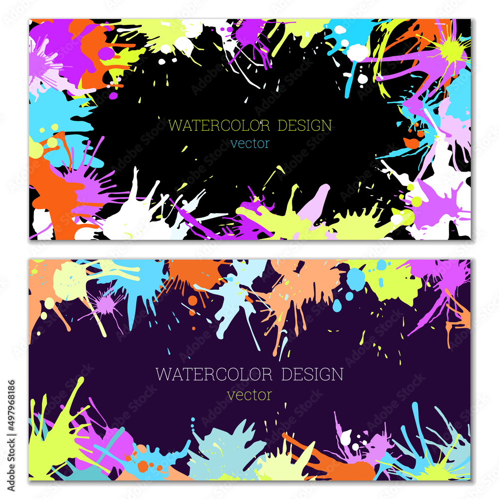 Splashes of paint. Blots. A set of two creative bright watercolor backgrounds. Banner, cover design. Artistic design in abstract style. Splashes of paint. Blots. A set of two creative bright watercolor backgrounds. Banner, cover design. Artistic design in abstract style.