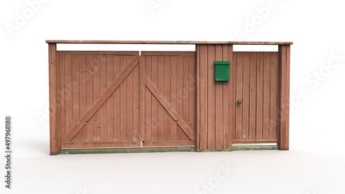 Old wooden gate render on a white background. 3D rendering