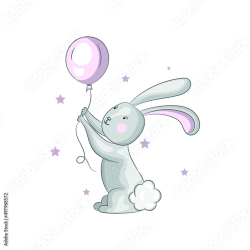 A gray bunny is holding an inflatable balloon in his hands