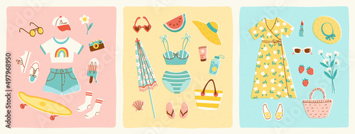 Set of summer outfits in trendy retro style. Romantic dress, skater girl's T shirt and shorts, swimsuit and beach accessories. Vector illustration of summertime women's fashion.