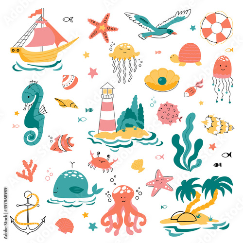 Large set on the theme of the sea, ocean and marine life in the cute style of doodles. Vector illustration for children.