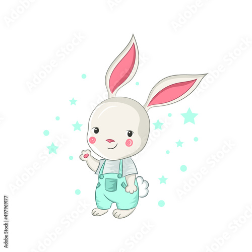 bunny in pants waves his hand