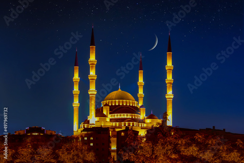 Horizontal view of Kocatepe Mosque at night, Ankara, Turkey photo