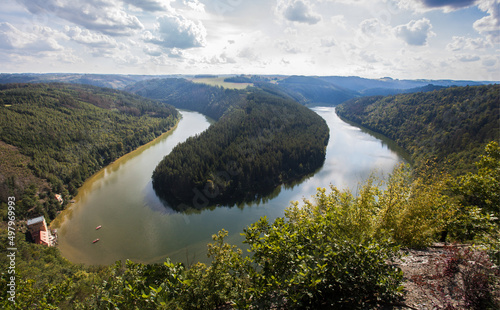 View of the Saale loop in the Thuringian Sea. Thuringian Forest. .Viewpoint and hiking trail on the Teufelskanzel near Ziegenrück. .Lake, river, panorama, landscape, photo