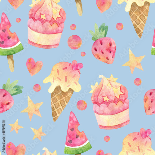 Watercolor illustration. Seamless pattern. Sweet food. Ice cream. Blue background.
