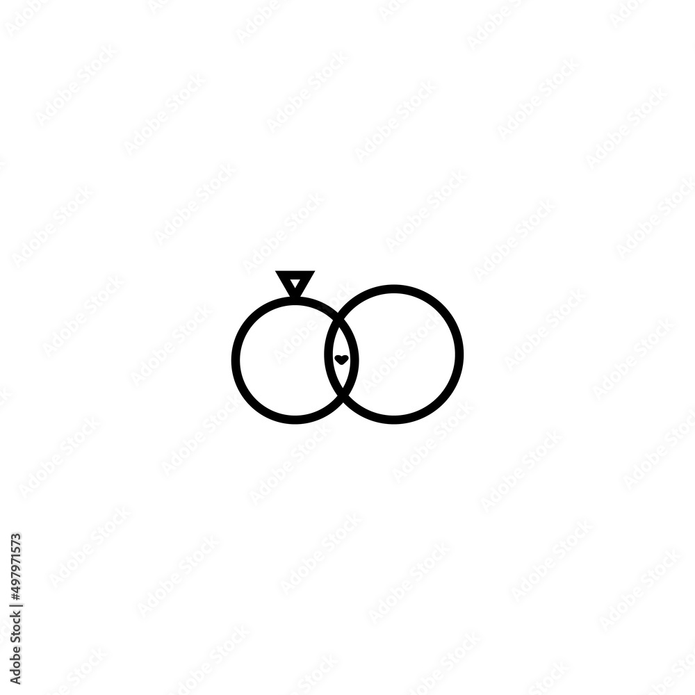 Paired wedding rings silhouette, outline logo isolated on white background. Rings with heart icon, wedding or engagement invitation desing. Paired wedding rings silhouette, outline logo isolated on white background. Rings with heart icon, wedding or engagement invitation desing.