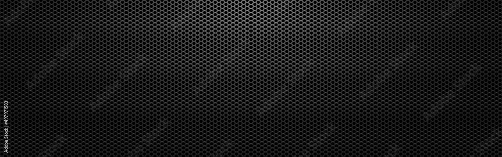 Black metal background. Perforated dark texture with light. Carbon sheet with holes. Abstract steel wallpaper wide. Modern composite material. Vector illustration - obrazy, fototapety, plakaty 
