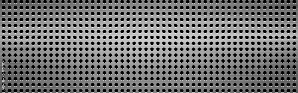 Perforated metal sheet. Wide steel texture with dots. Silver metallic background. Shiny speaker backdrop template. Gray chrome material with holes. Vector illustration Perforated metal sheet. Wide steel texture with dots. Silver metallic background. Shiny speaker backdrop template. Gray chrome material with holes. Vector illustration