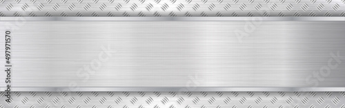 Metal texture wide. Silver polished backdrop. Glossy steel with bright frame. Titanium plate with light effect. Gray iron material with border. Shiny metal design. Vector illustration