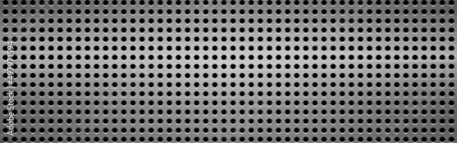 Perforated metal sheet. Wide steel texture with dots. Silver metallic background. Shiny speaker backdrop template. Gray chrome material with holes. Vector illustration