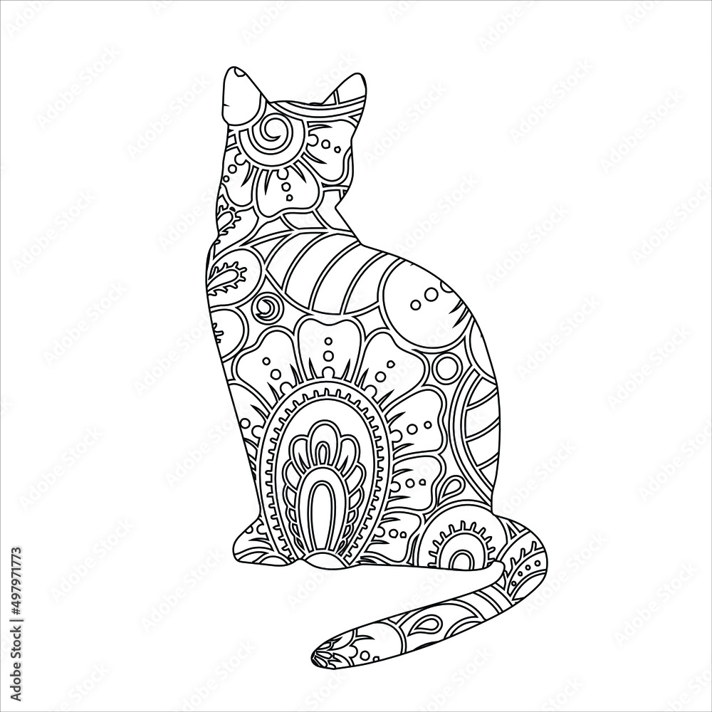 Jeg vil have mindre hastighed Mandala animal coloring page with cat ,Coloring book page with floral  pattern cat ,Cat sitting stylized, vector, illustration, hand drawn.  t-shirt design Stock-vektor | Adobe Stock