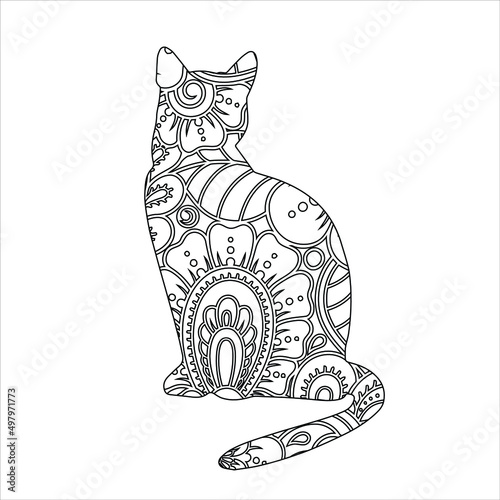 Mandala animal coloring page with  cat ,Coloring book page with floral pattern cat  ,Cat sitting  stylized, vector, illustration,  hand drawn.   t-shirt design 