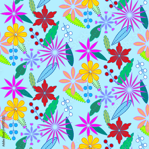 Vector seamless half-drop pattern, with leaves and flowers © eLifeS