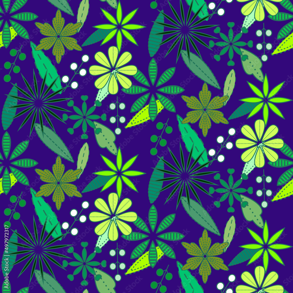 Vector seamless half-drop pattern, with leaves and flowers Vector seamless half-drop pattern, with leaves and flowers
