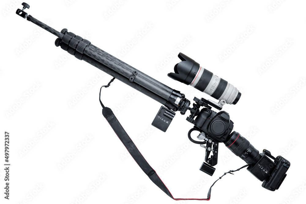 Sniper Rifle shaped camera equipment arrangement illustrating modern media warfare using photography for fighting the enemy Sniper Rifle shaped camera equipment arrangement illustrating modern media warfare using photography for fighting the enemy