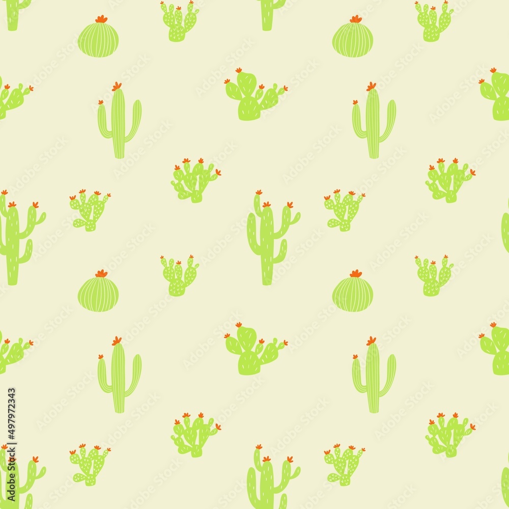 Seamless repeat pattern of different green cacti with orange flowers Seamless repeat pattern of different green cacti with orange flowers